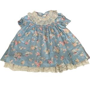 Ceil Ainsworth New York Girls Floral Blue Dress with Lace Collar